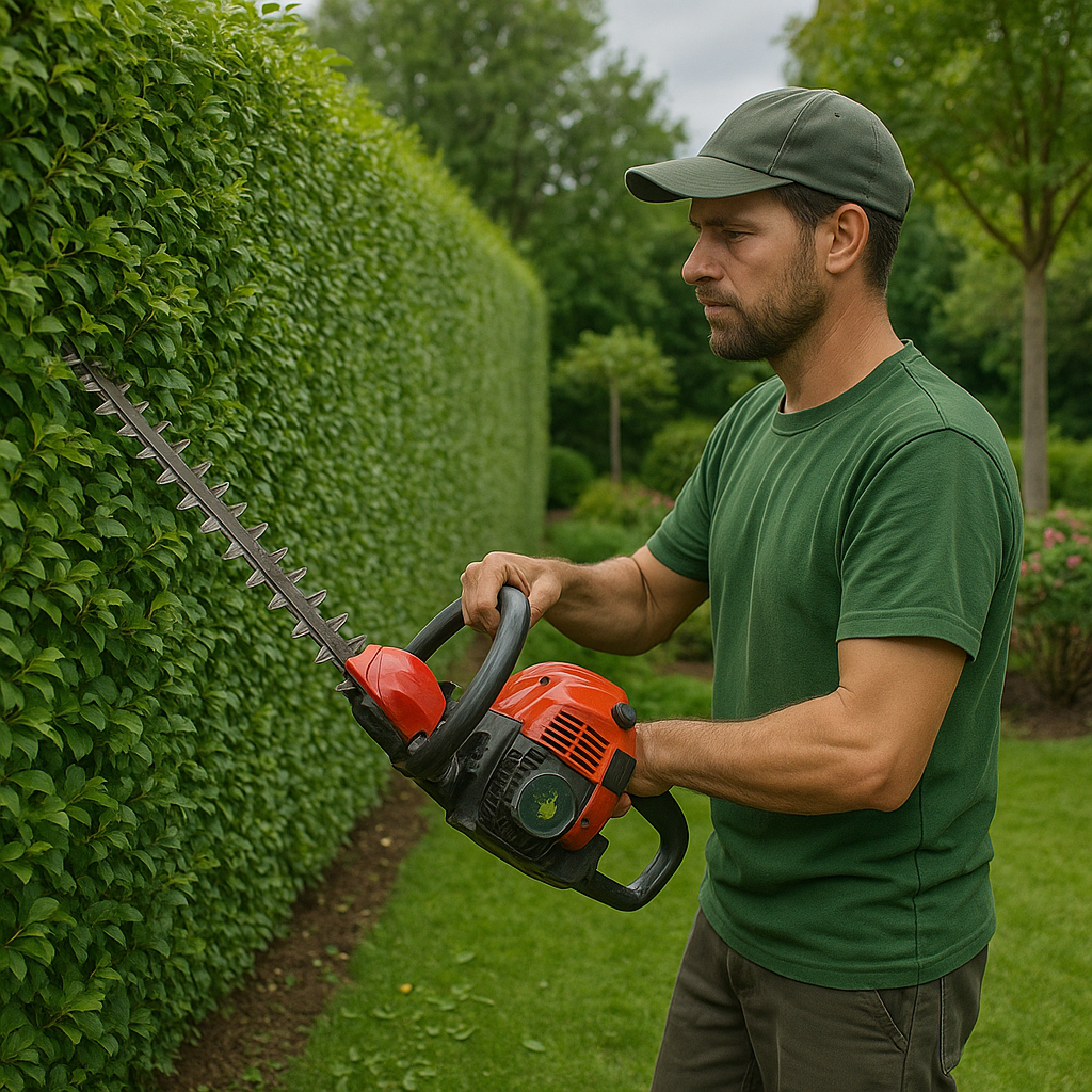 Jardinier concentré taillant une haie avec un taille-haie thermique dans un jardin bien entretenu.