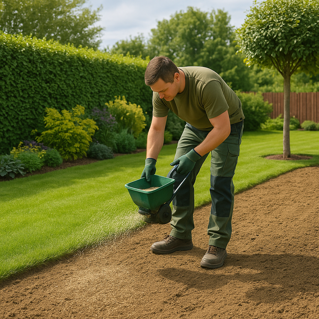 Jardinier semant du gazon naturel à la main avec un épandeur sur sol préparé dans un jardin résidentiel.