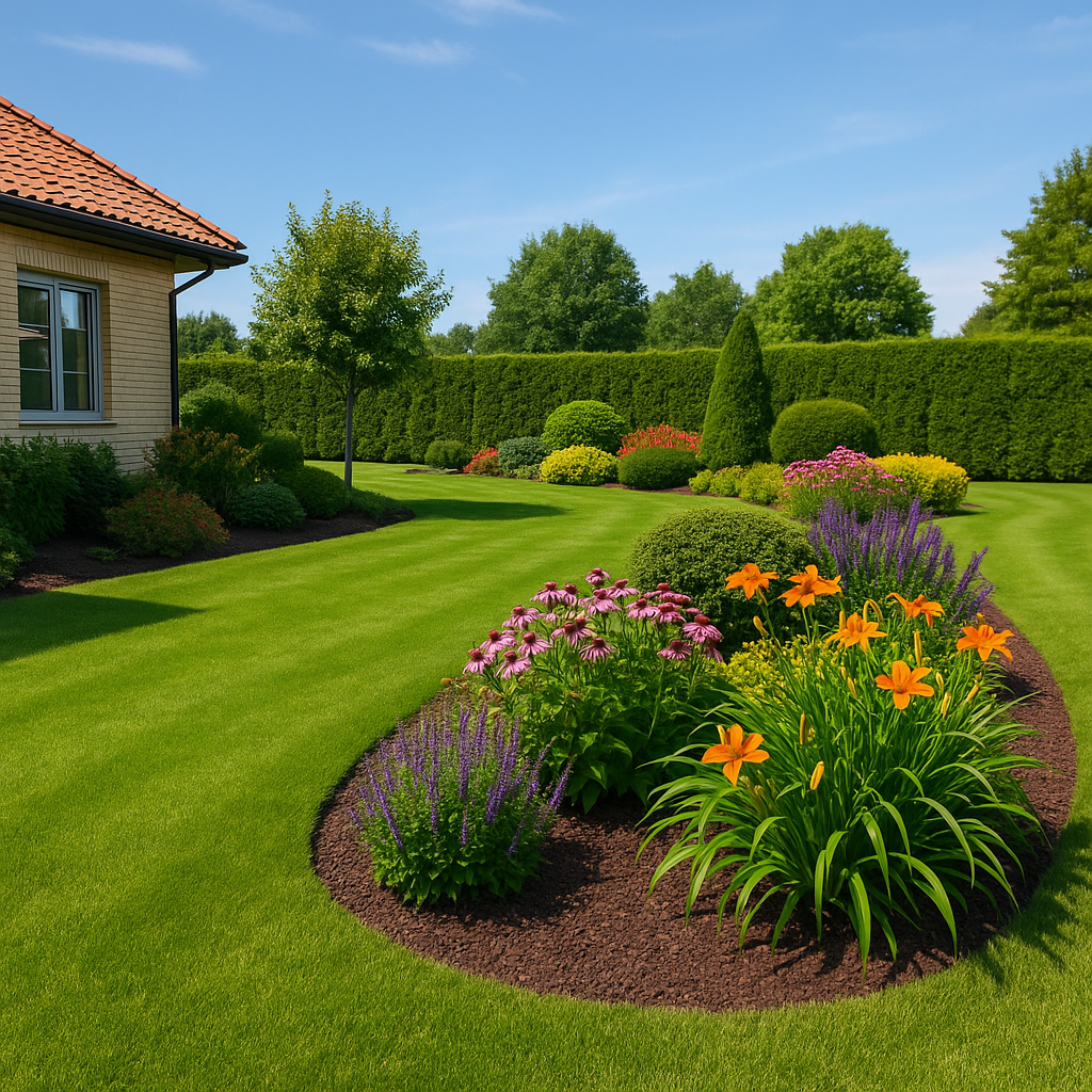 Jardin paysager soigné réalisé par un jardinier paysagiste à Peyssies, près de Carbonne – massifs fleuris, haies taillées et pelouse impeccable